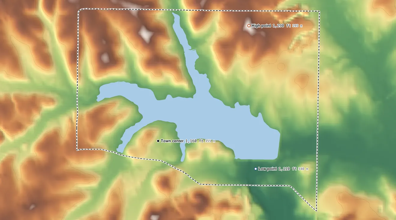 Topographic elevation map of Guilford Lake, Ohio, shaded from 1,110 ft on the east side to 1,290 ft on the northeast side