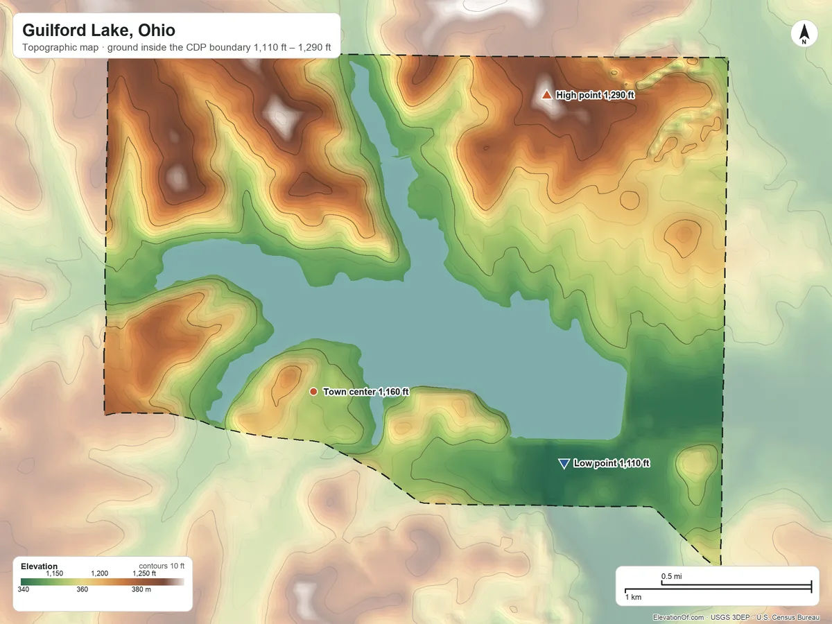 Topographic elevation map of Guilford Lake, Ohio, shaded from 1,110 ft on the east side to 1,290 ft on the northeast side
