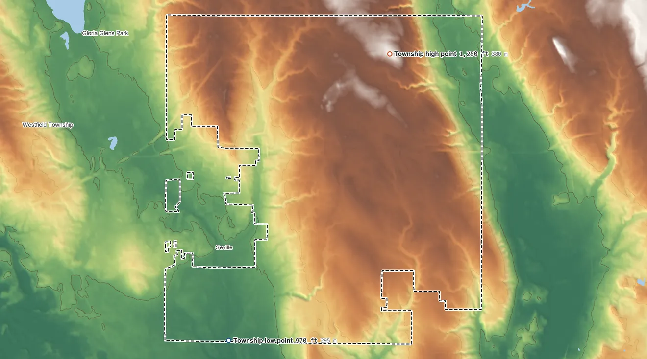 Topographic elevation map of Guilford Township, Ohio, shaded from 970 ft on the southwest side to 1,250 ft on the north side