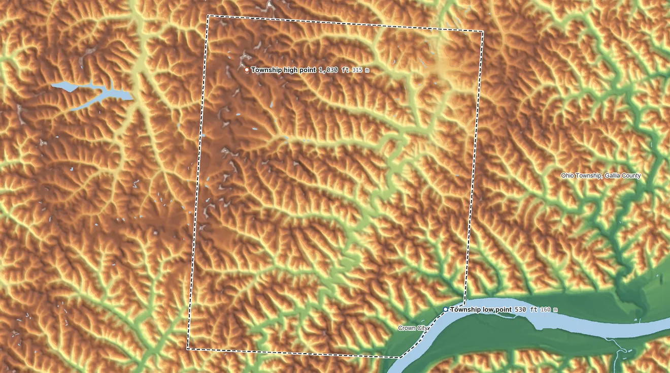 Topographic elevation map of Guyan Township, Ohio, shaded from 530 ft on the south side to 1,030 ft on the northwest side
