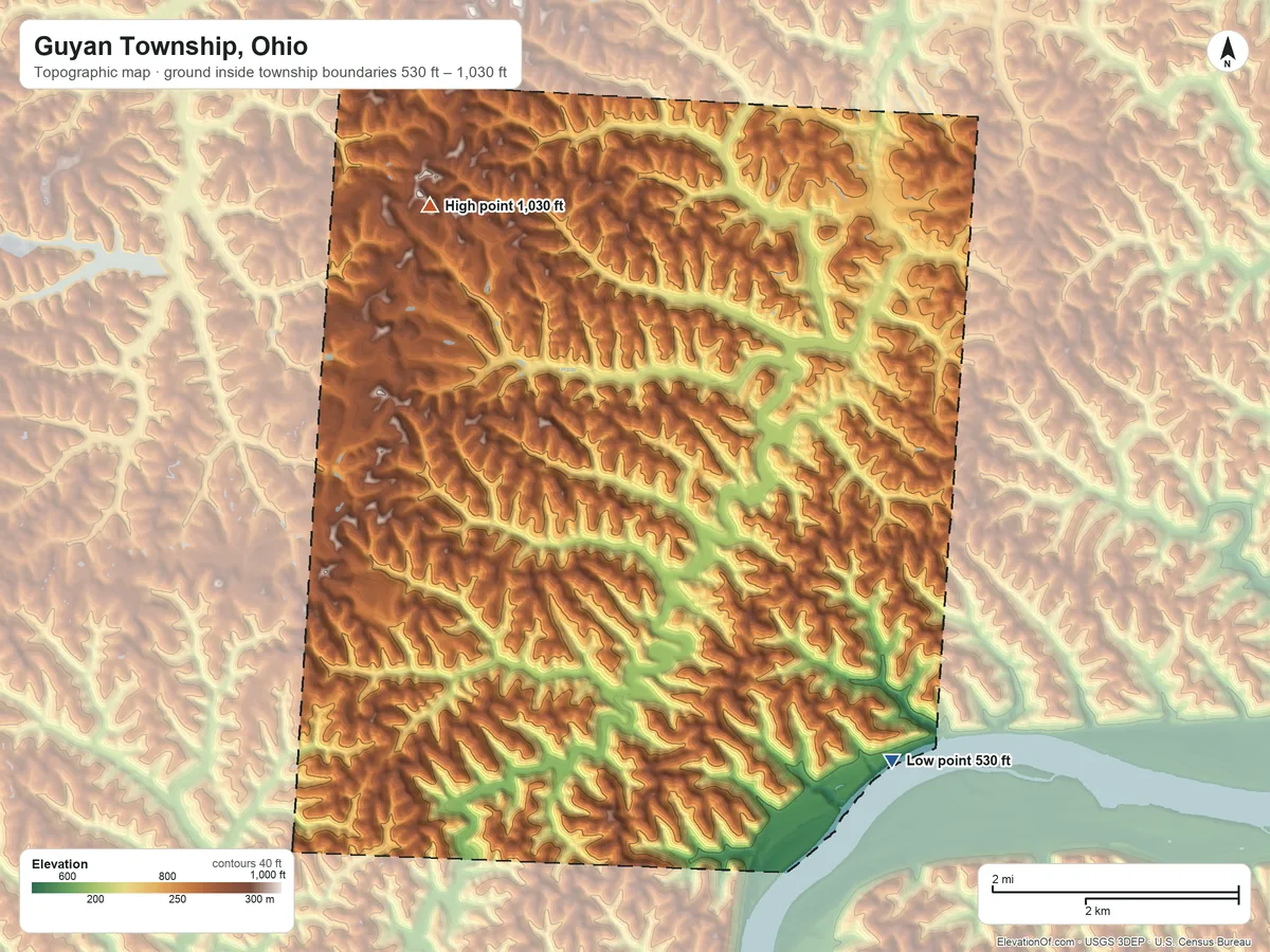 Topographic elevation map of Guyan Township, Ohio, shaded from 530 ft on the south side to 1,030 ft on the northwest side