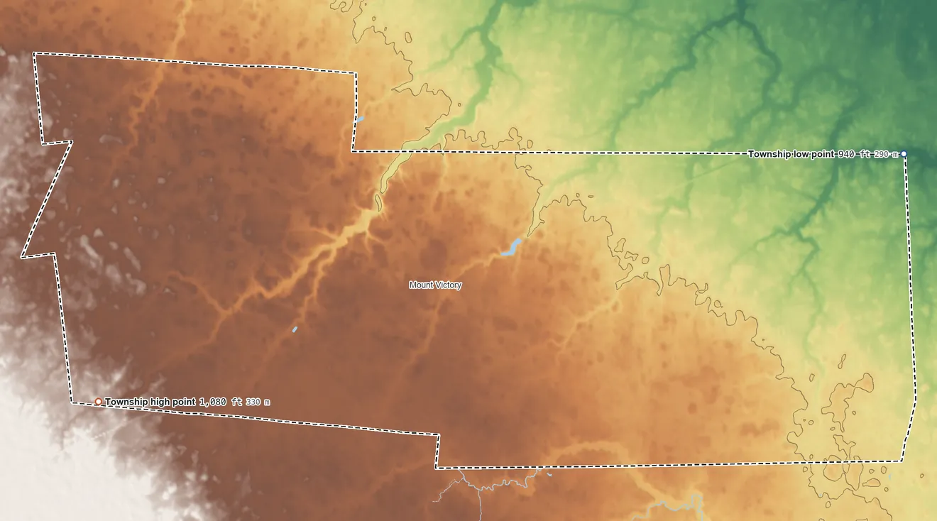 Topographic elevation map of Hale Township, Ohio, shaded from 940 ft on the east side to 1,080 ft on the west side