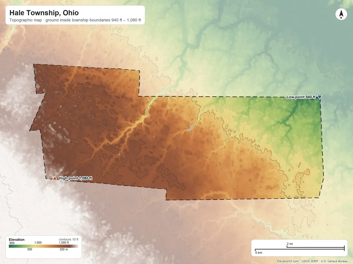 Topographic elevation map of Hale Township, Ohio, shaded from 940 ft on the east side to 1,080 ft on the west side