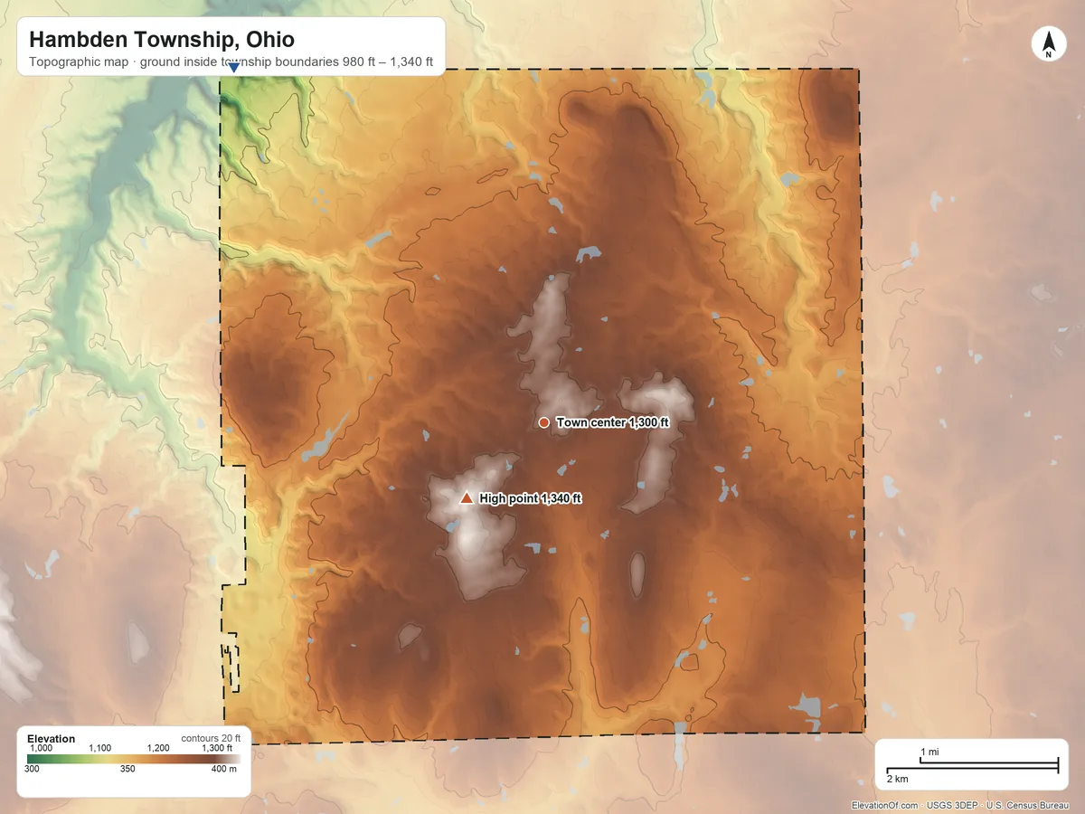Topographic elevation map of Hambden Township, Ohio, shaded from 980 ft on the northwest side to 1,340 ft on the southwest side