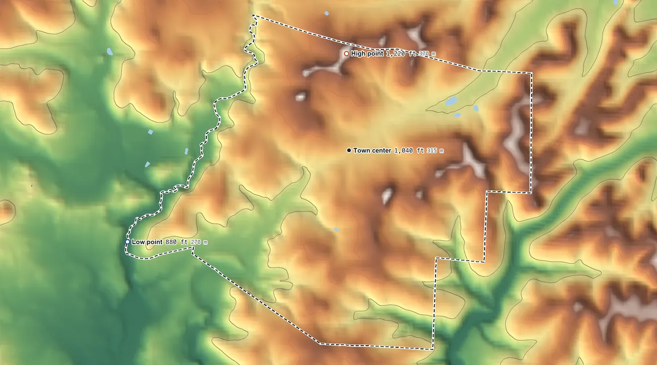 Topographic elevation map of Hamburg, Ohio, shaded from 880 ft on the west side to 1,220 ft on the north side