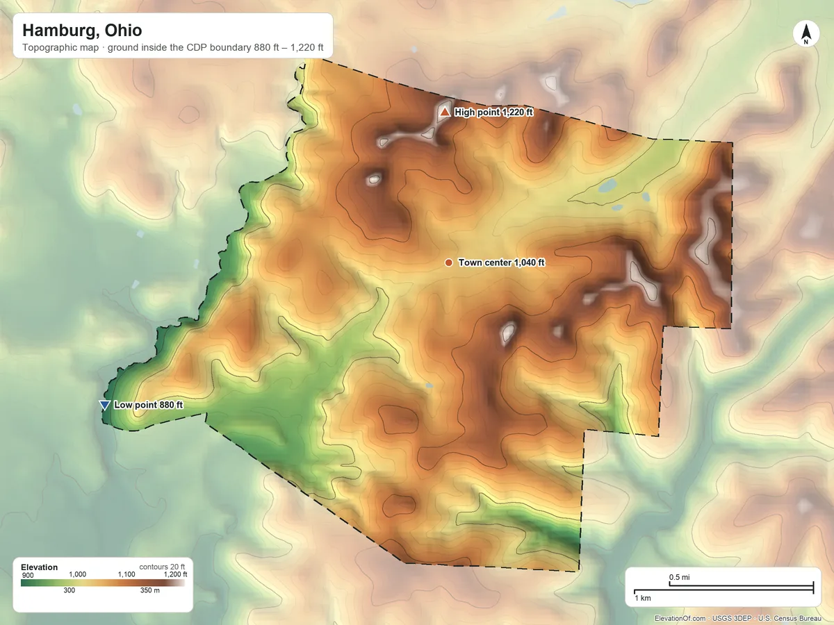 Topographic elevation map of Hamburg, Ohio, shaded from 880 ft on the west side to 1,220 ft on the north side