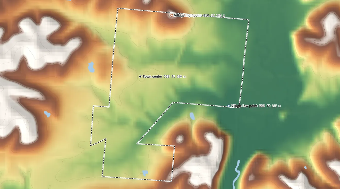 Topographic elevation map of Hamden, Ohio, shaded from 680 ft on the east side to 810 ft on the northeast side