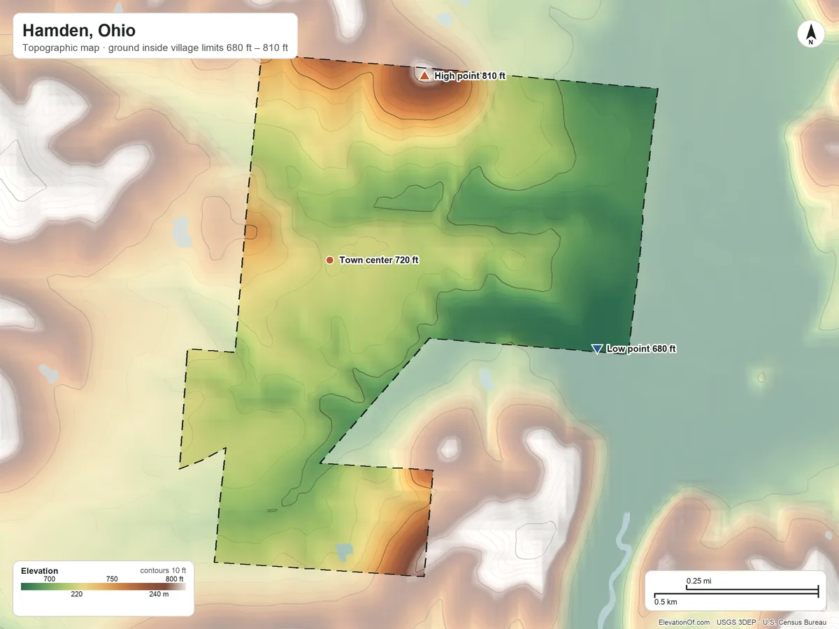 Topographic elevation map of Hamden, Ohio, shaded from 680 ft on the east side to 810 ft on the northeast side