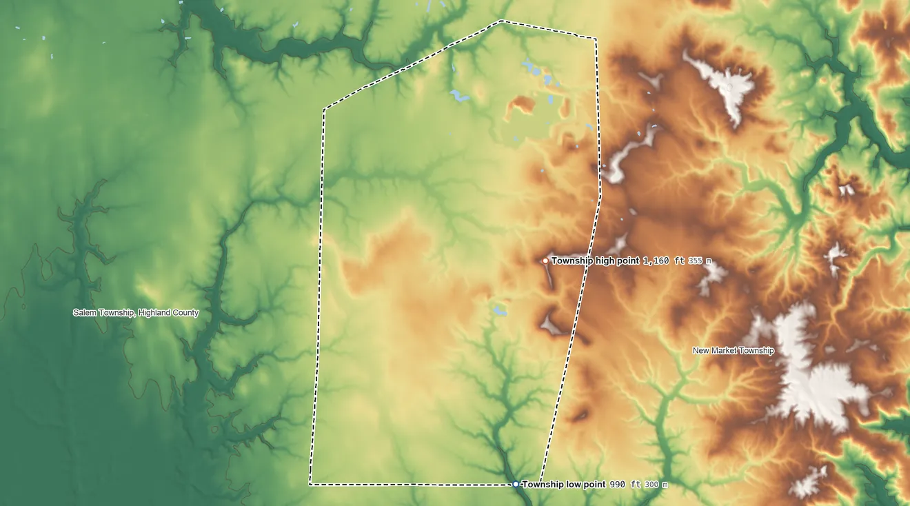 Topographic elevation map of Hamer Township, Ohio, shaded from 990 ft on the south side to 1,160 ft on the east side