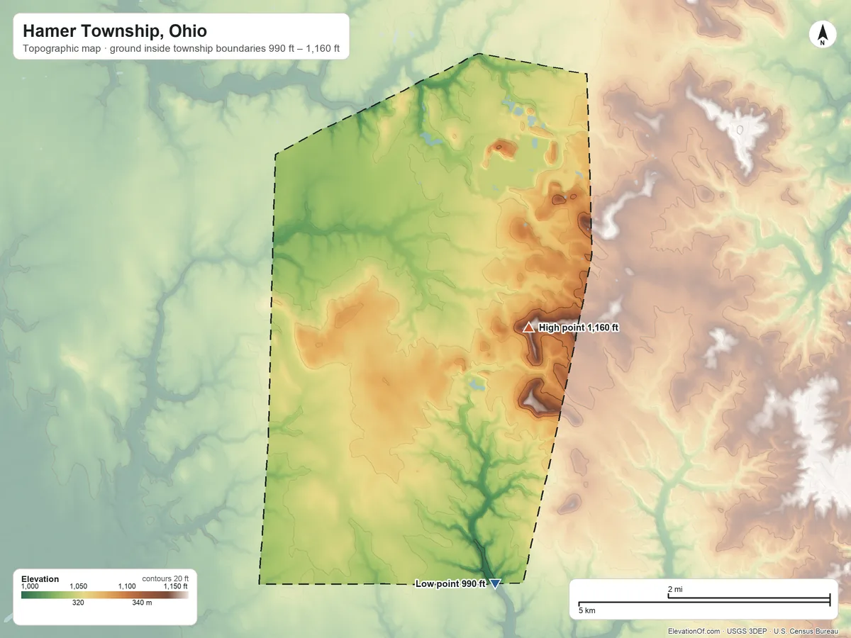 Topographic elevation map of Hamer Township, Ohio, shaded from 990 ft on the south side to 1,160 ft on the east side