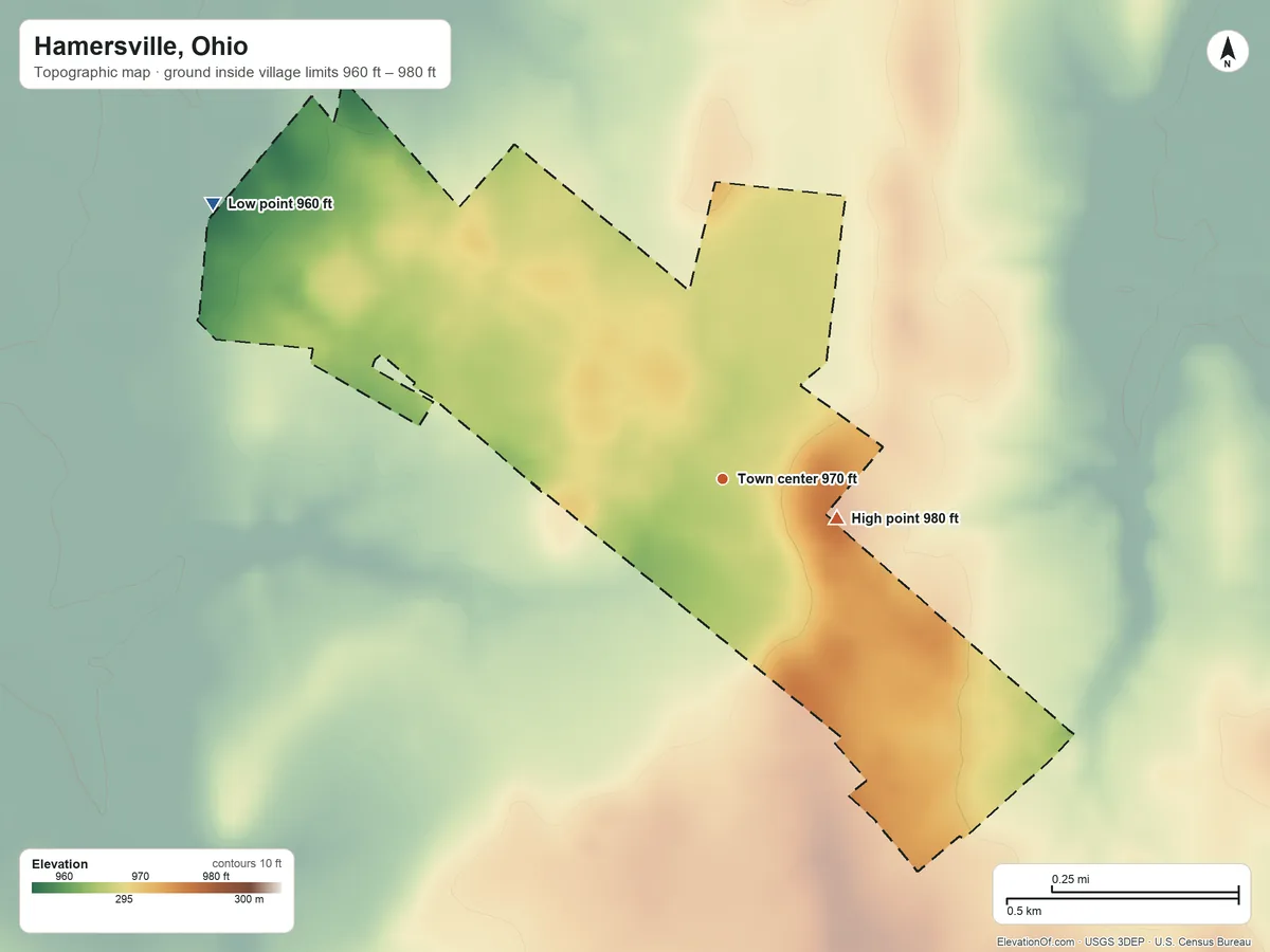 Topographic elevation map of Hamersville, Ohio, shaded from 960 ft on the northwest side to 980 ft on the east side