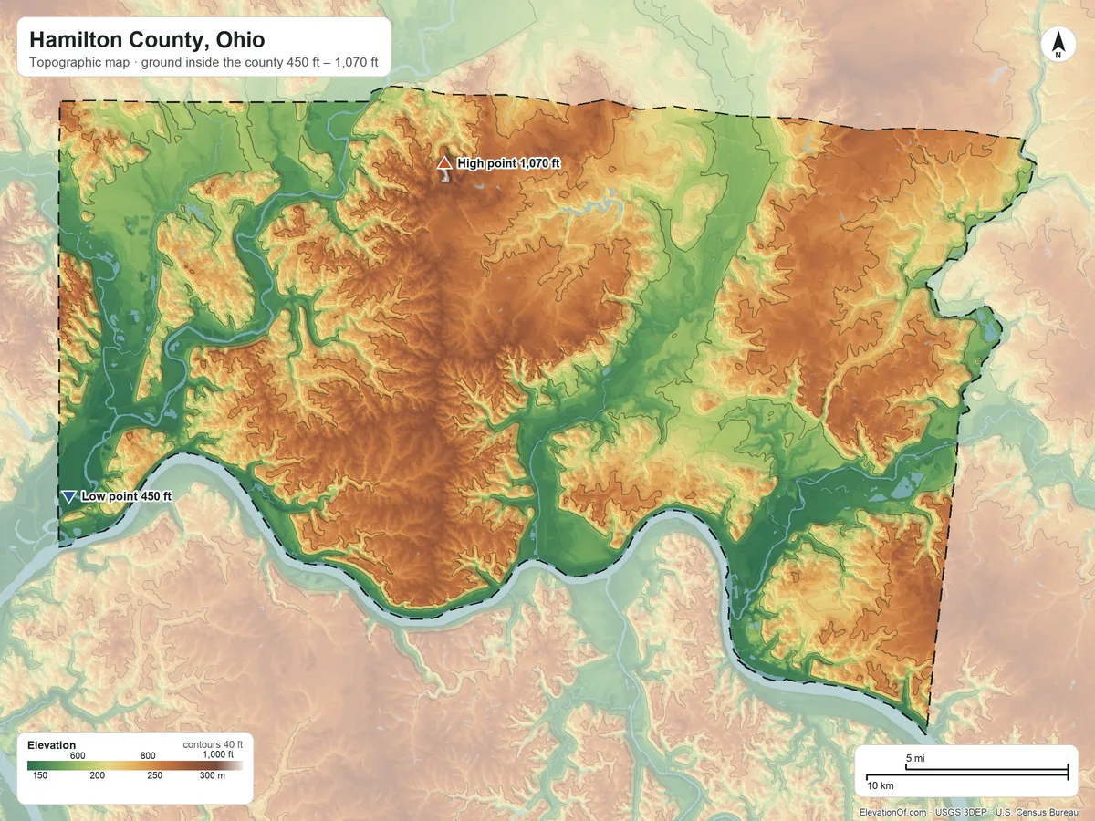 Topographic elevation map of Hamilton County, Ohio, shaded from 450 ft on the west side to 1,070 ft on the northwest side
