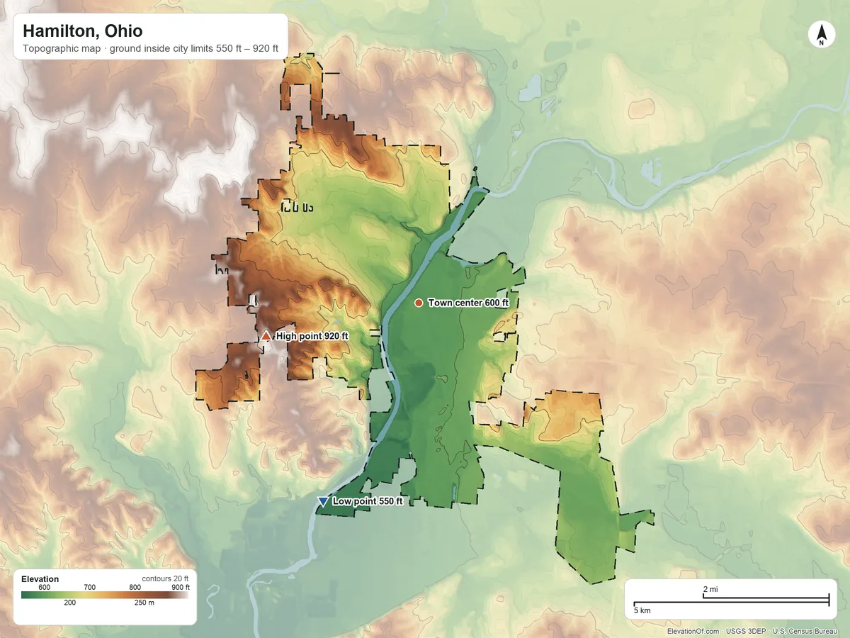 Topographic elevation map of Hamilton, Ohio, shaded from 550 ft on the southwest side to 920 ft on the west side