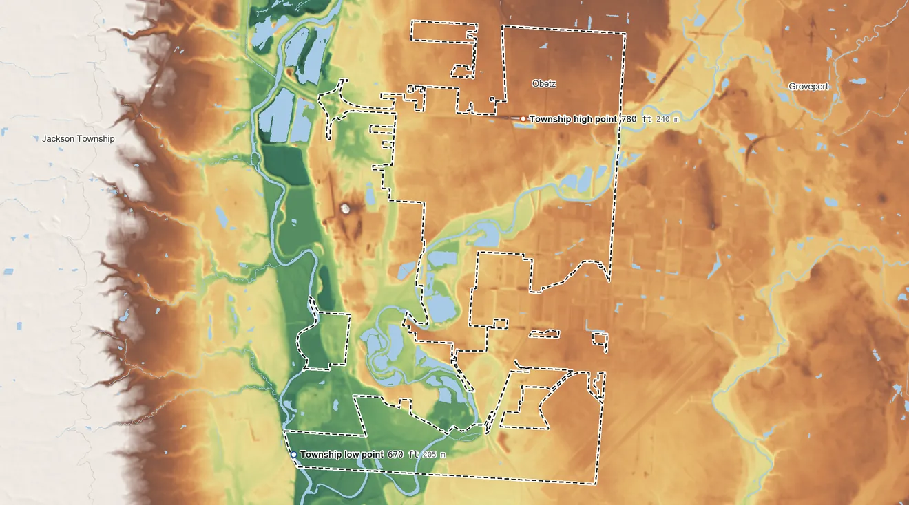 Topographic elevation map of Hamilton Township, Franklin County, Ohio, shaded from 670 ft on the southwest side to 780 ft near the middle