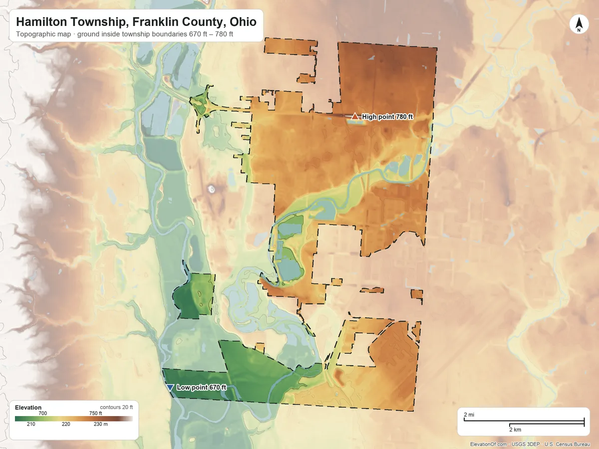 Topographic elevation map of Hamilton Township, Franklin County, Ohio, shaded from 670 ft on the southwest side to 780 ft near the middle