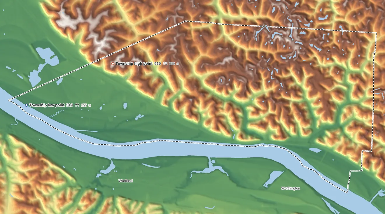Topographic elevation map of Hamilton Township, Lawrence County, Ohio, shaded from 510 ft on the west side to 910 ft on the west side