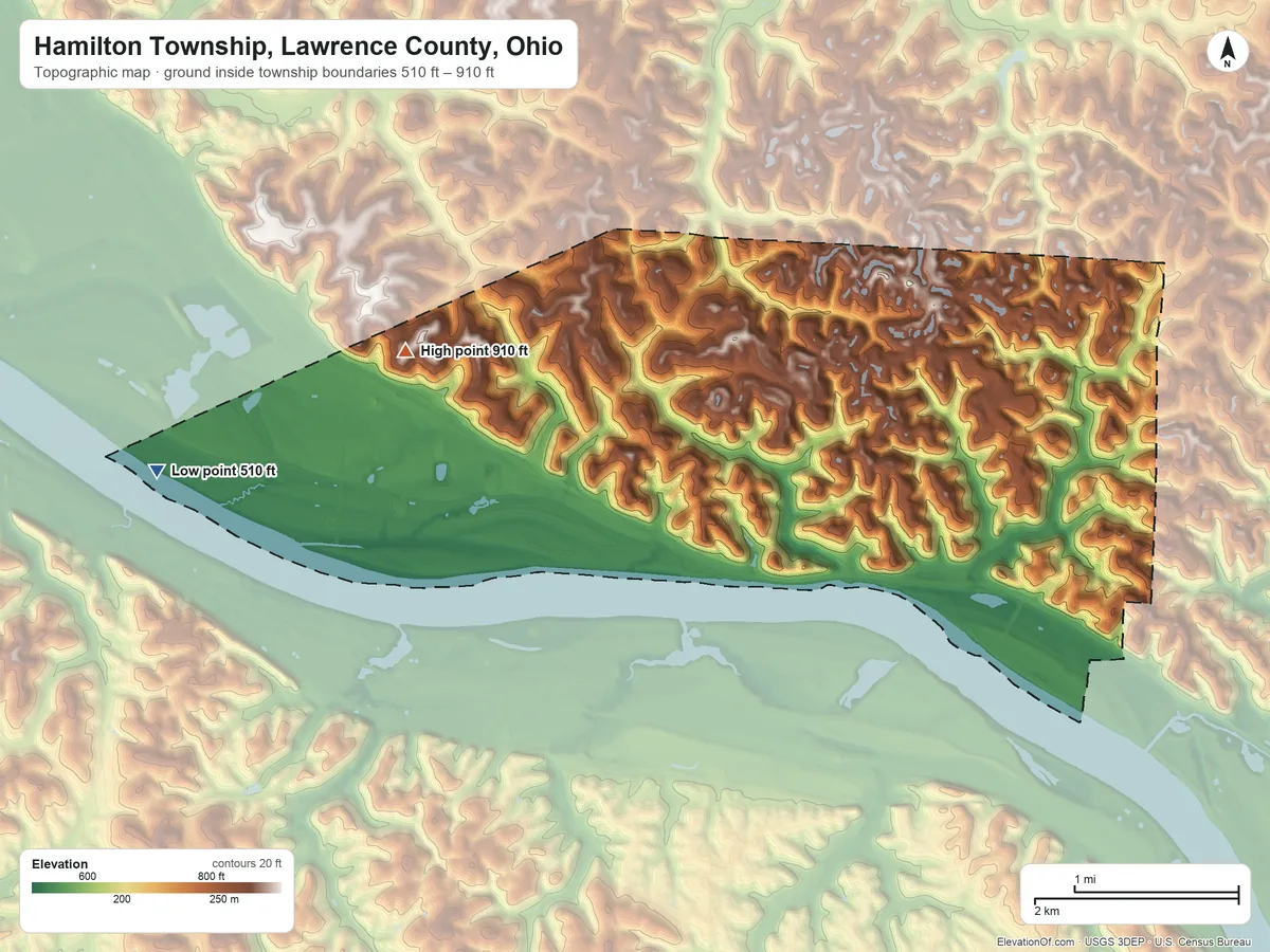 Topographic elevation map of Hamilton Township, Lawrence County, Ohio, shaded from 510 ft on the west side to 910 ft on the west side