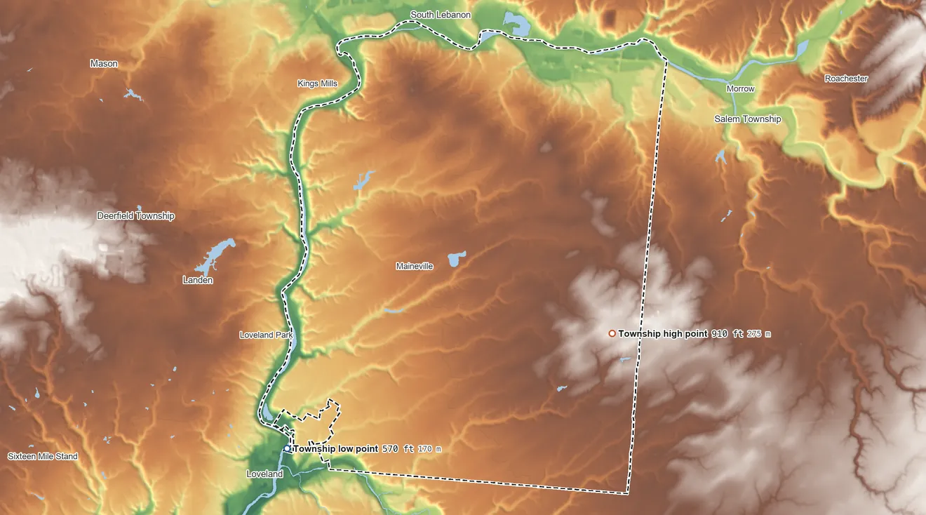 Topographic elevation map of Hamilton Township, Ohio, shaded from 570 ft on the southwest side to 910 ft on the southeast side