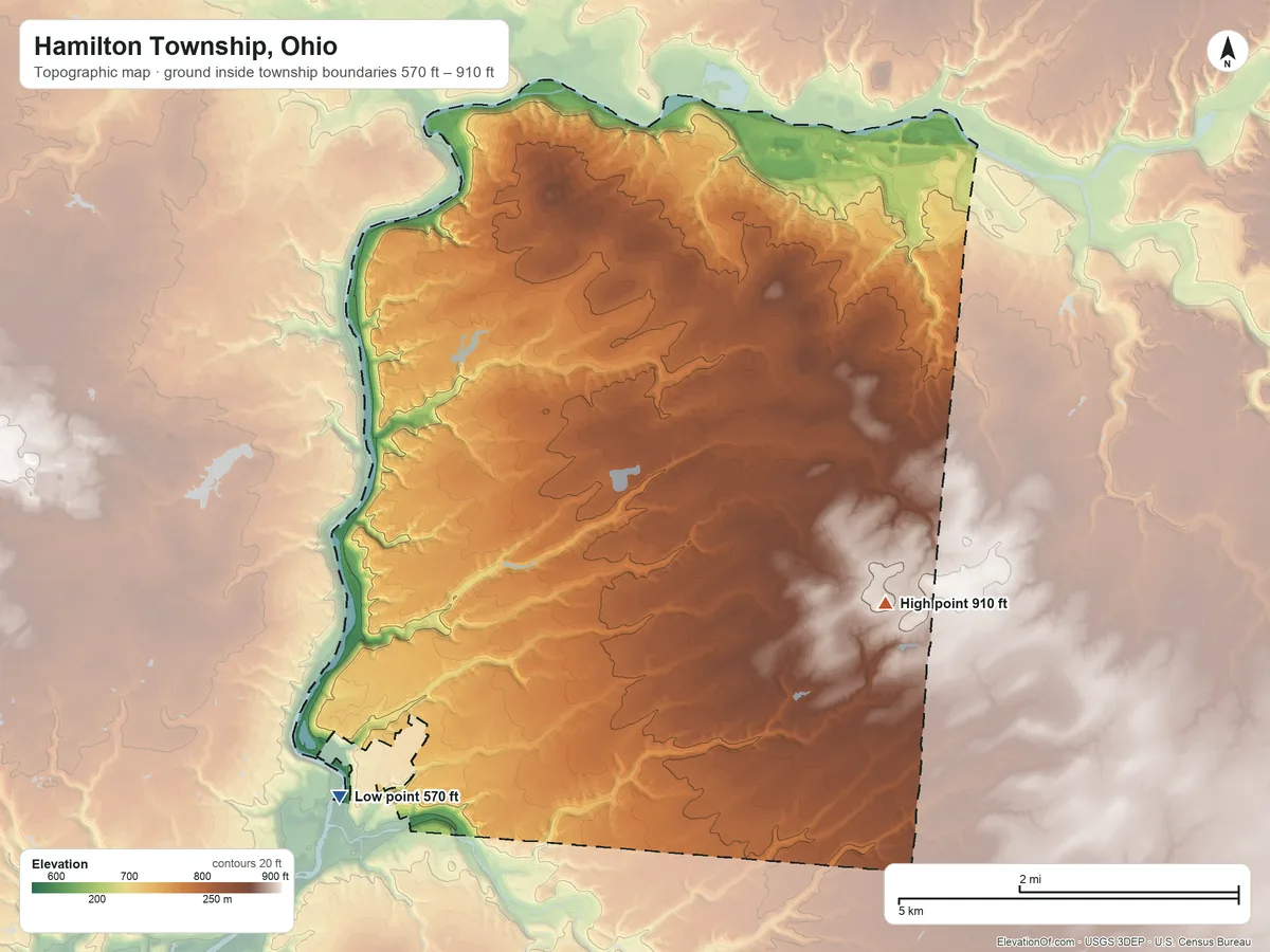 Topographic elevation map of Hamilton Township, Ohio, shaded from 570 ft on the southwest side to 910 ft on the southeast side