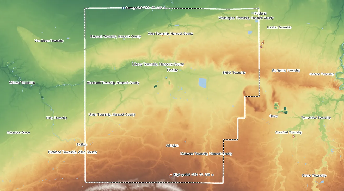 Topographic elevation map of Hancock County, Ohio, shaded from 700 ft on the northwest side to 970 ft on the south side