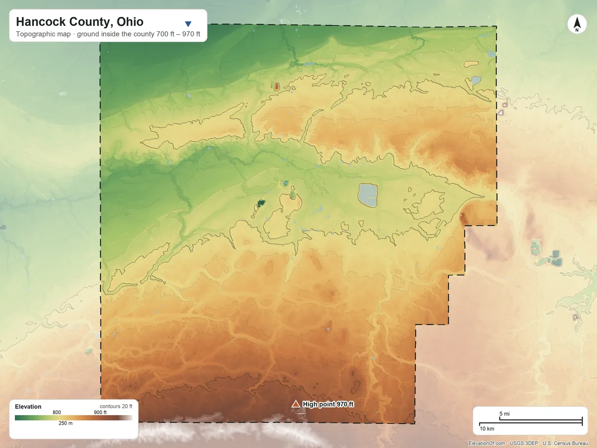 Topographic elevation map of Hancock County, Ohio, shaded from 700 ft on the northwest side to 970 ft on the south side