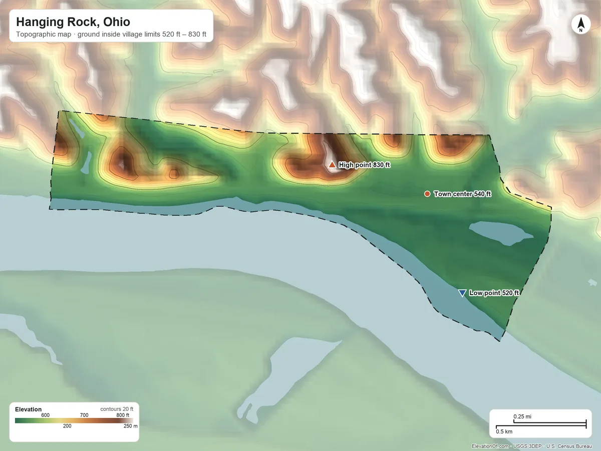 Topographic elevation map of Hanging Rock, Ohio, shaded from 520 ft on the south side to 830 ft on the west side