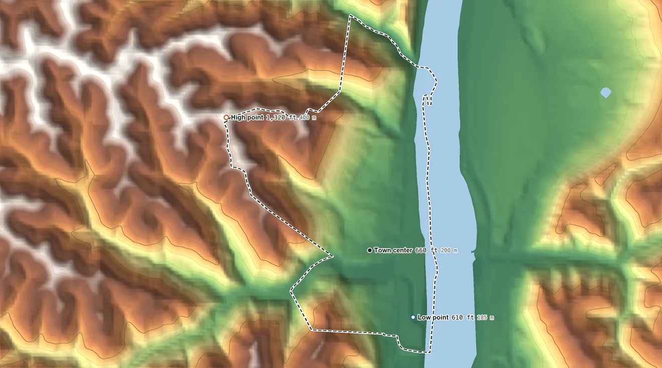 Topographic elevation map of Hannibal, Ohio, shaded from 610 ft on the southeast side to 1,320 ft on the northwest side
