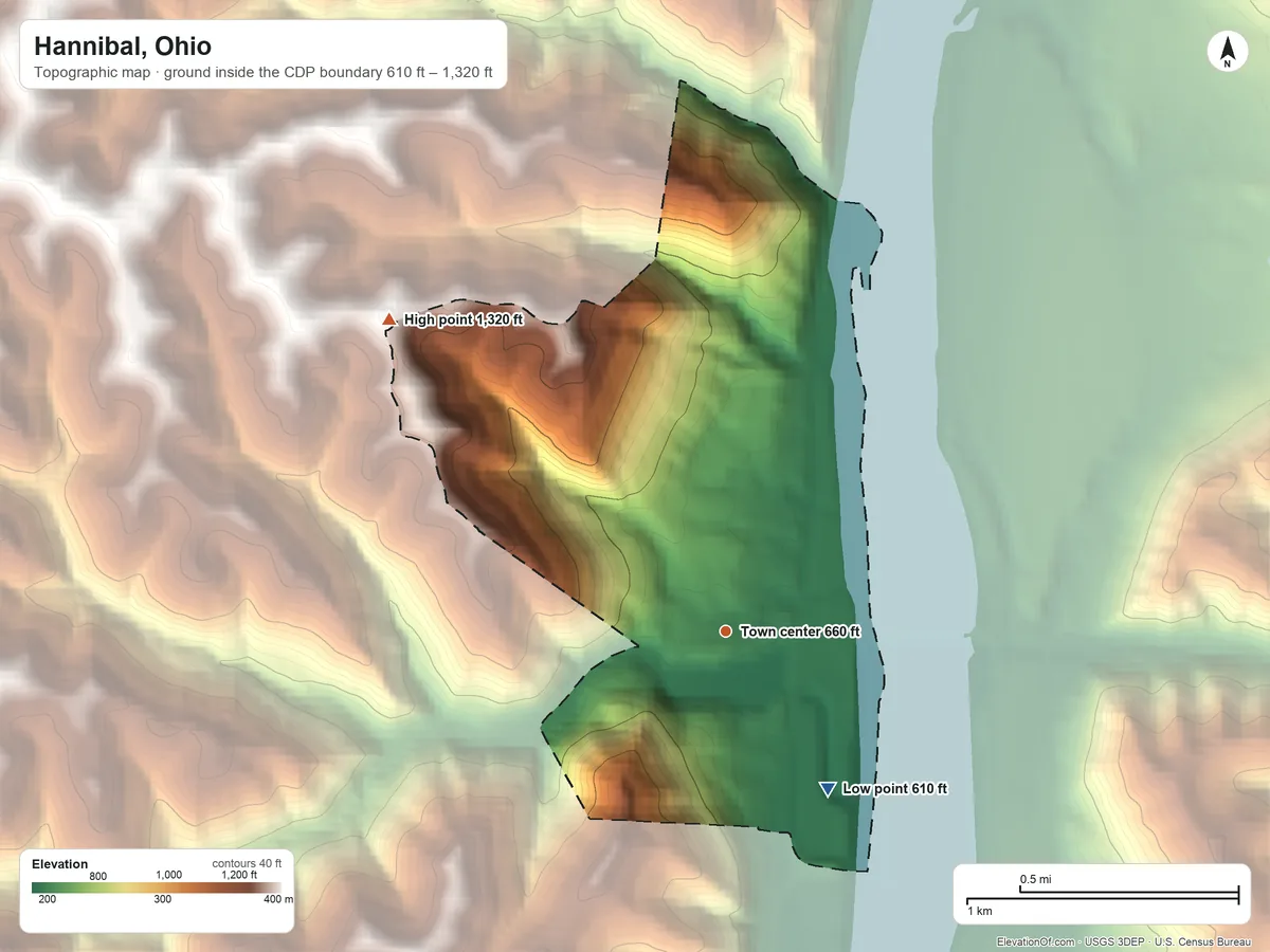 Topographic elevation map of Hannibal, Ohio, shaded from 610 ft on the southeast side to 1,320 ft on the northwest side