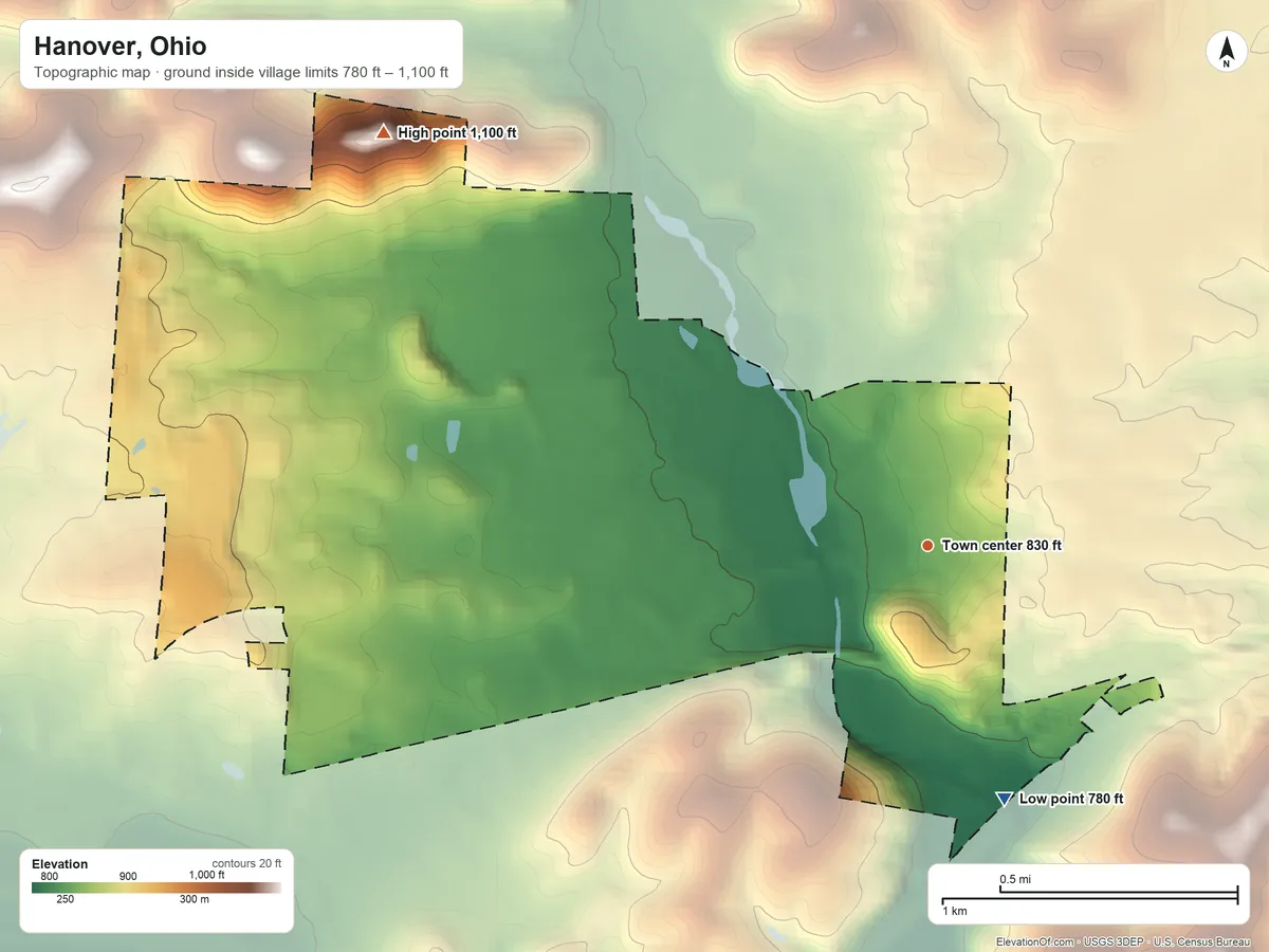 Topographic elevation map of Hanover, Ohio, shaded from 780 ft on the south side to 1,100 ft on the northwest side