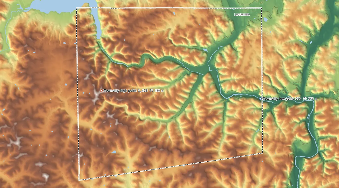 Topographic elevation map of Hanover Township, Ashland County, Ohio, shaded from 910 ft on the southeast side to 1,410 ft on the west side