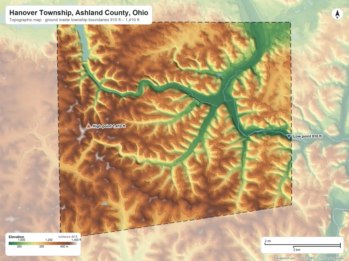 Topographic elevation map of Hanover Township, Ashland County, Ohio, shaded from 910 ft on the southeast side to 1,410 ft on the west side