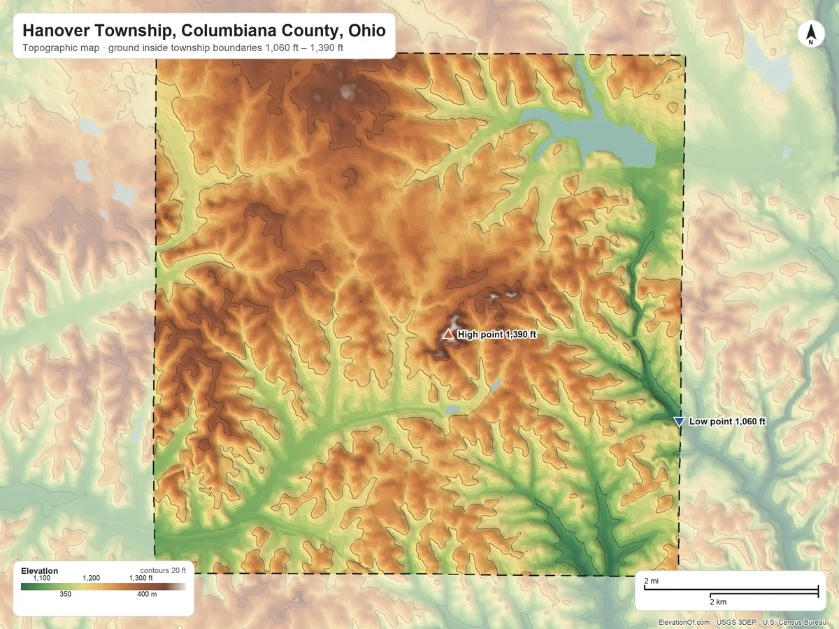 Topographic elevation map of Hanover Township, Columbiana County, Ohio, shaded from 1,060 ft on the east side to 1,390 ft near the middle