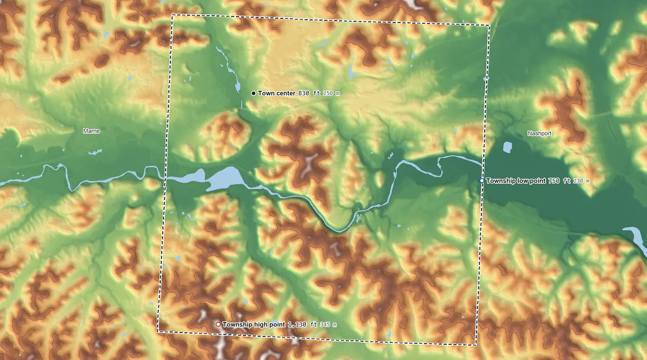 Topographic elevation map of Hanover Township, Licking County, Ohio, shaded from 750 ft on the east side to 1,130 ft on the south side
