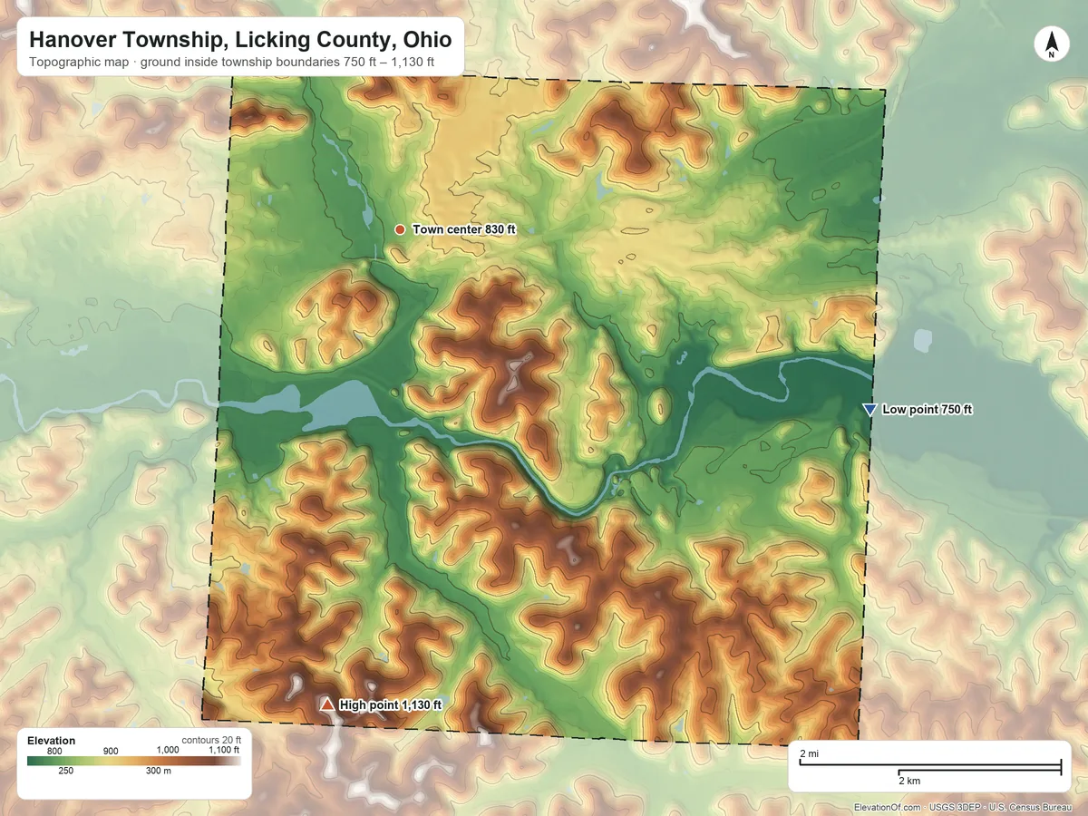 Topographic elevation map of Hanover Township, Licking County, Ohio, shaded from 750 ft on the east side to 1,130 ft on the south side