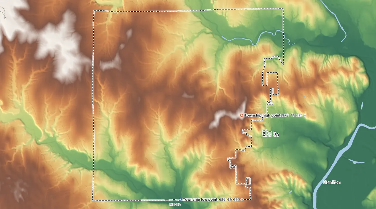 Topographic elevation map of Hanover Township, Ohio, shaded from 620 ft on the south side to 970 ft on the east side