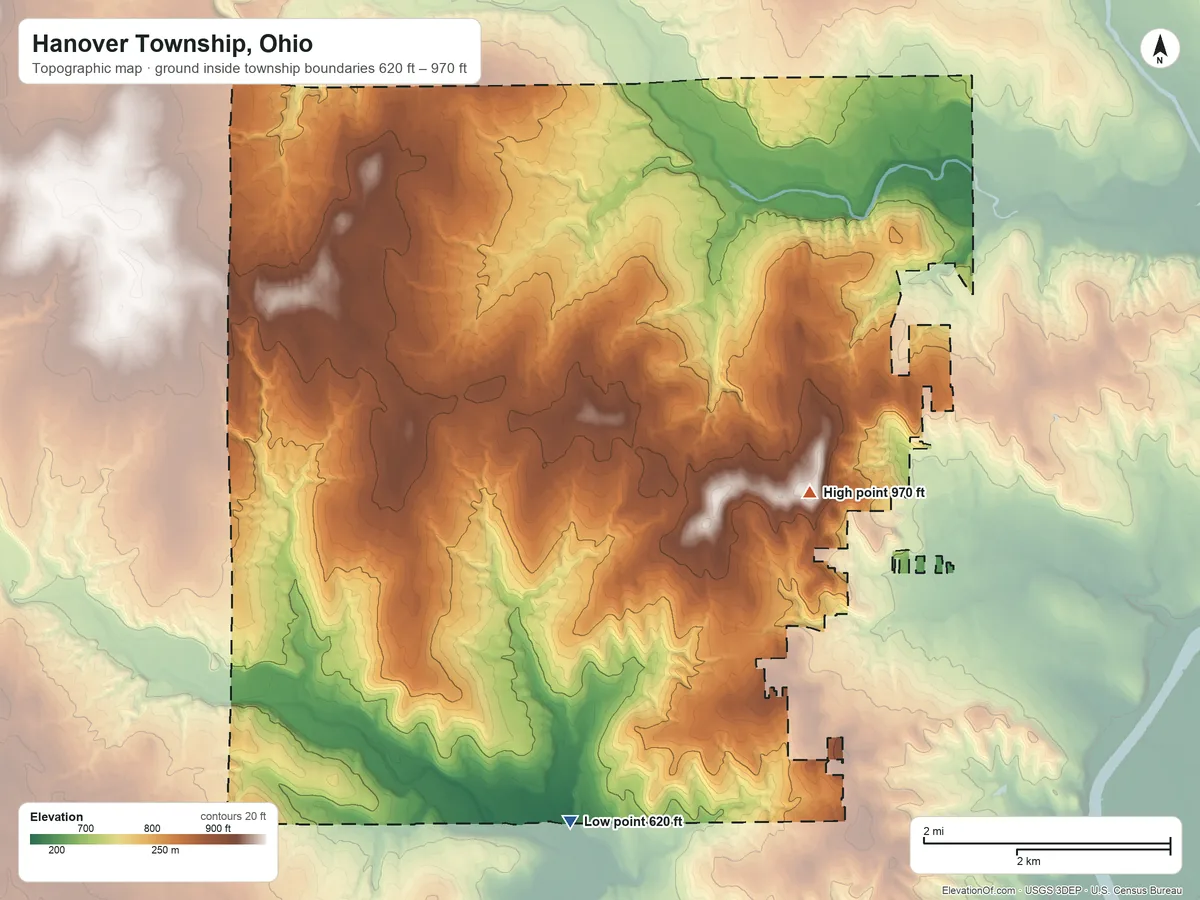 Topographic elevation map of Hanover Township, Ohio, shaded from 620 ft on the south side to 970 ft on the east side