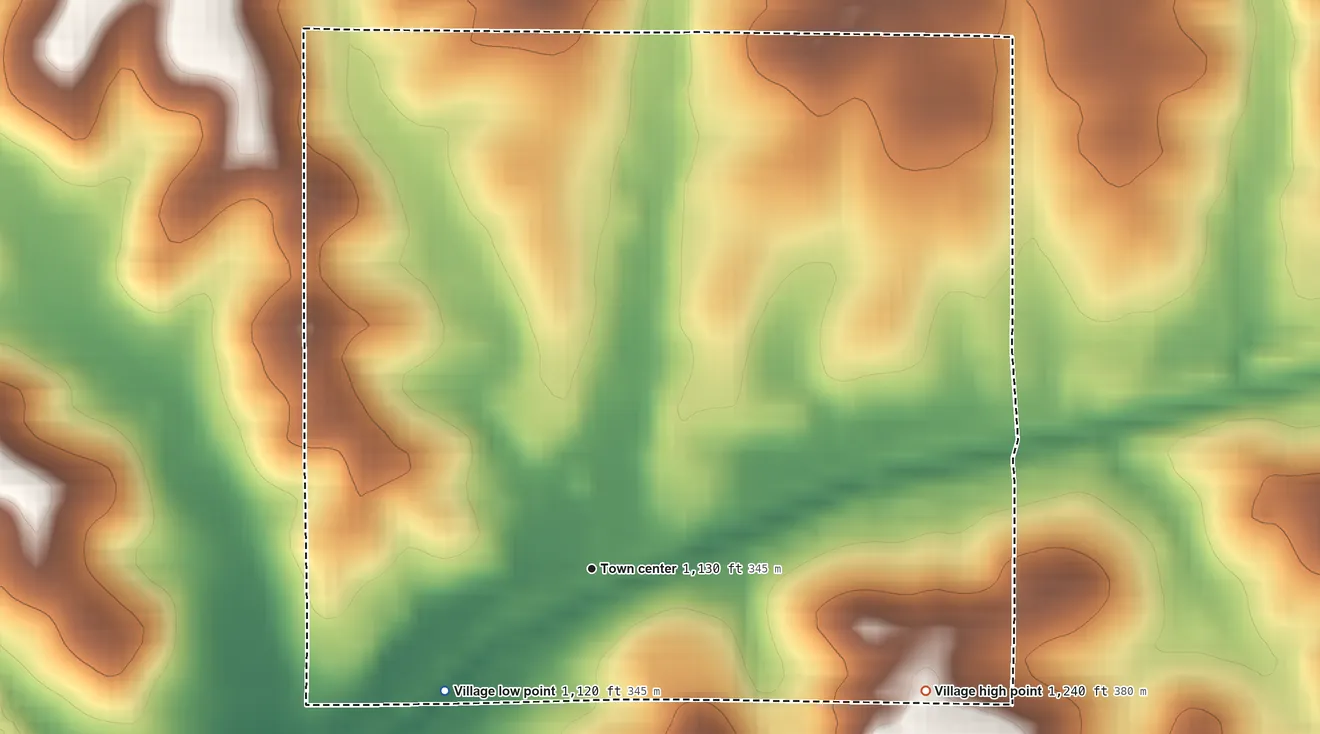 Topographic elevation map of Hanoverton, Ohio, shaded from 1,120 ft on the southwest side to 1,240 ft on the east side