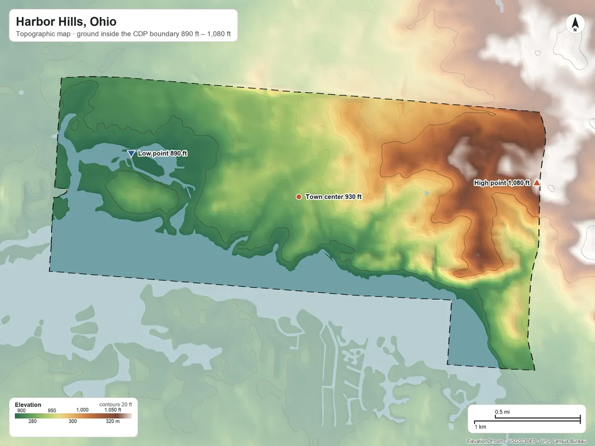 Topographic elevation map of Harbor Hills, Ohio, shaded from 890 ft on the west side to 1,080 ft on the east side