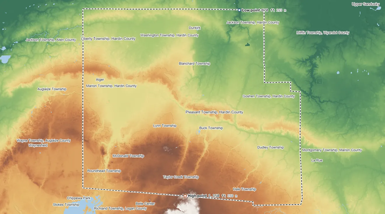 Topographic elevation map of Hardin County, Ohio, shaded from 870 ft on the northeast side to 1,150 ft on the south side