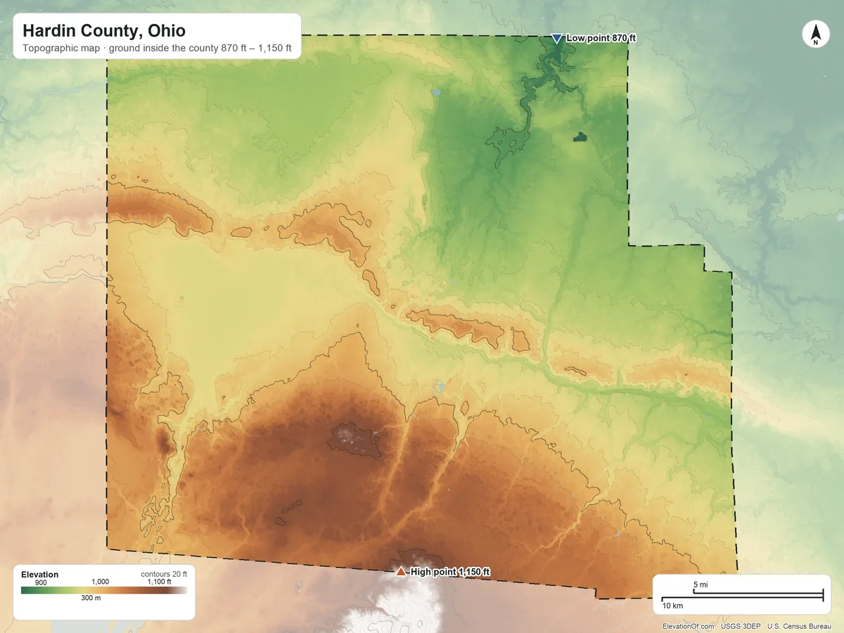 Topographic elevation map of Hardin County, Ohio, shaded from 870 ft on the northeast side to 1,150 ft on the south side