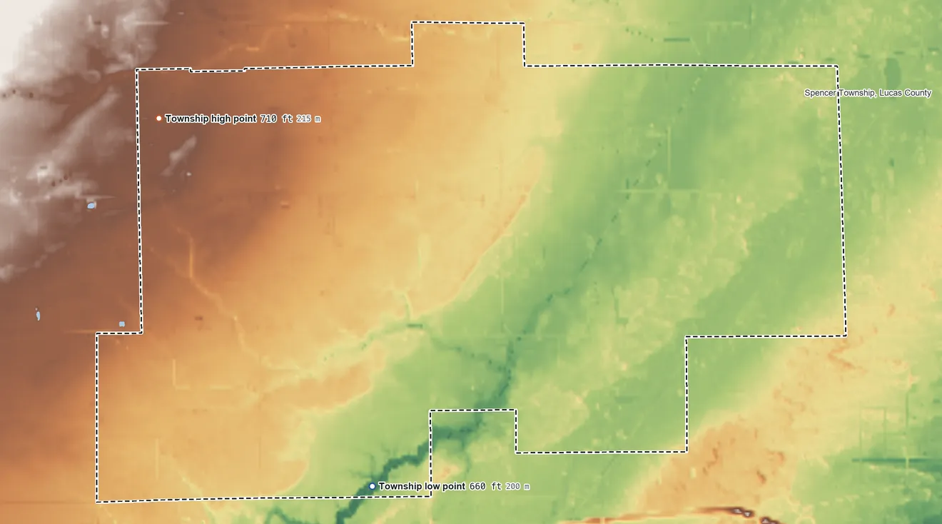 Topographic elevation map of Harding Township, Ohio, shaded from 660 ft on the southwest side to 710 ft on the northwest side