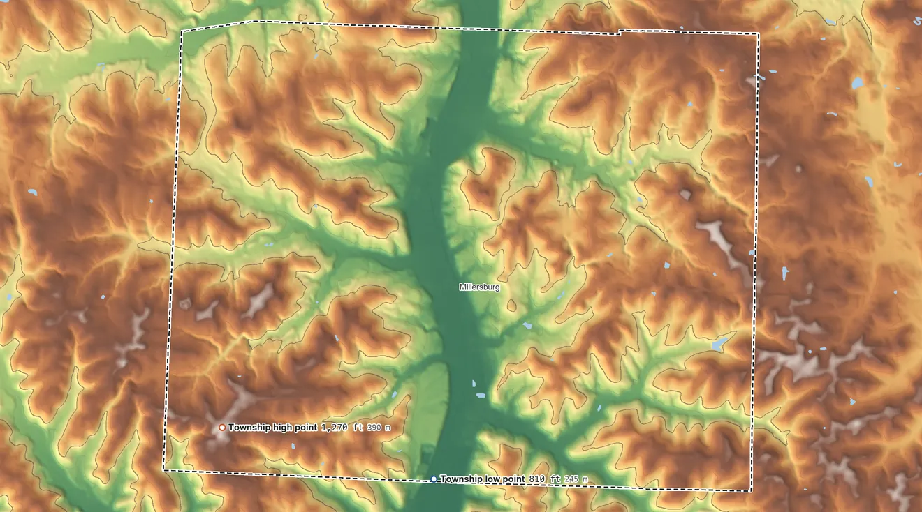 Topographic elevation map of Hardy Township, Ohio, shaded from 810 ft on the south side to 1,270 ft on the southwest side