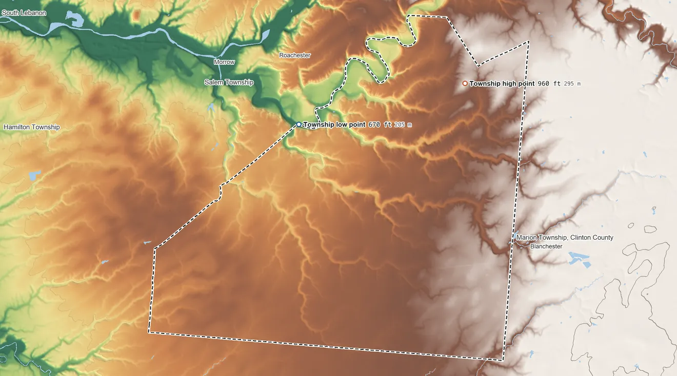 Topographic elevation map of Harlan Township, Ohio, shaded from 670 ft on the northwest side to 960 ft on the northeast side