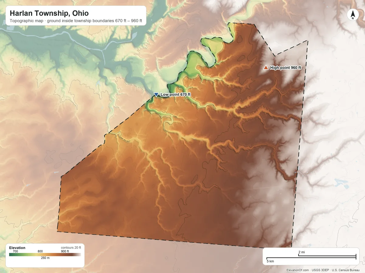 Topographic elevation map of Harlan Township, Ohio, shaded from 670 ft on the northwest side to 960 ft on the northeast side
