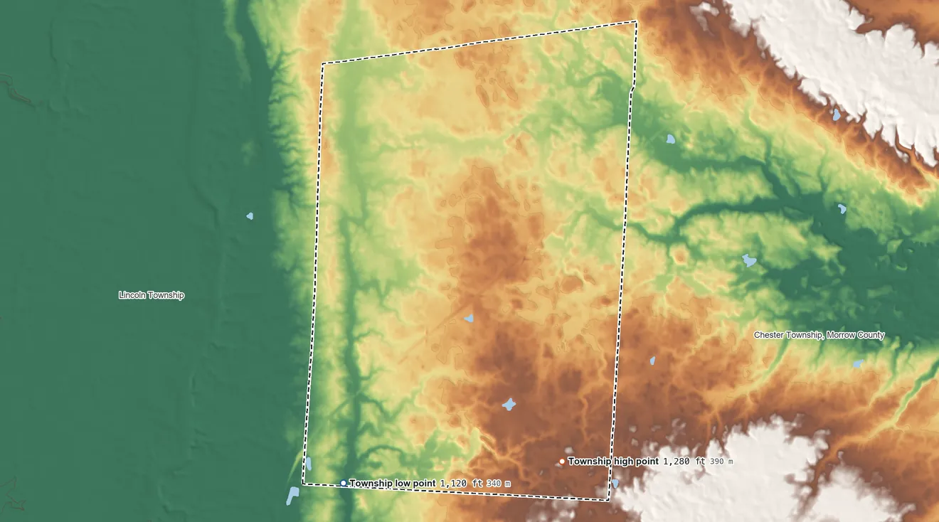 Topographic elevation map of Harmony Township, Morrow County, Ohio, shaded from 1,120 ft on the southwest side to 1,280 ft on the southeast side