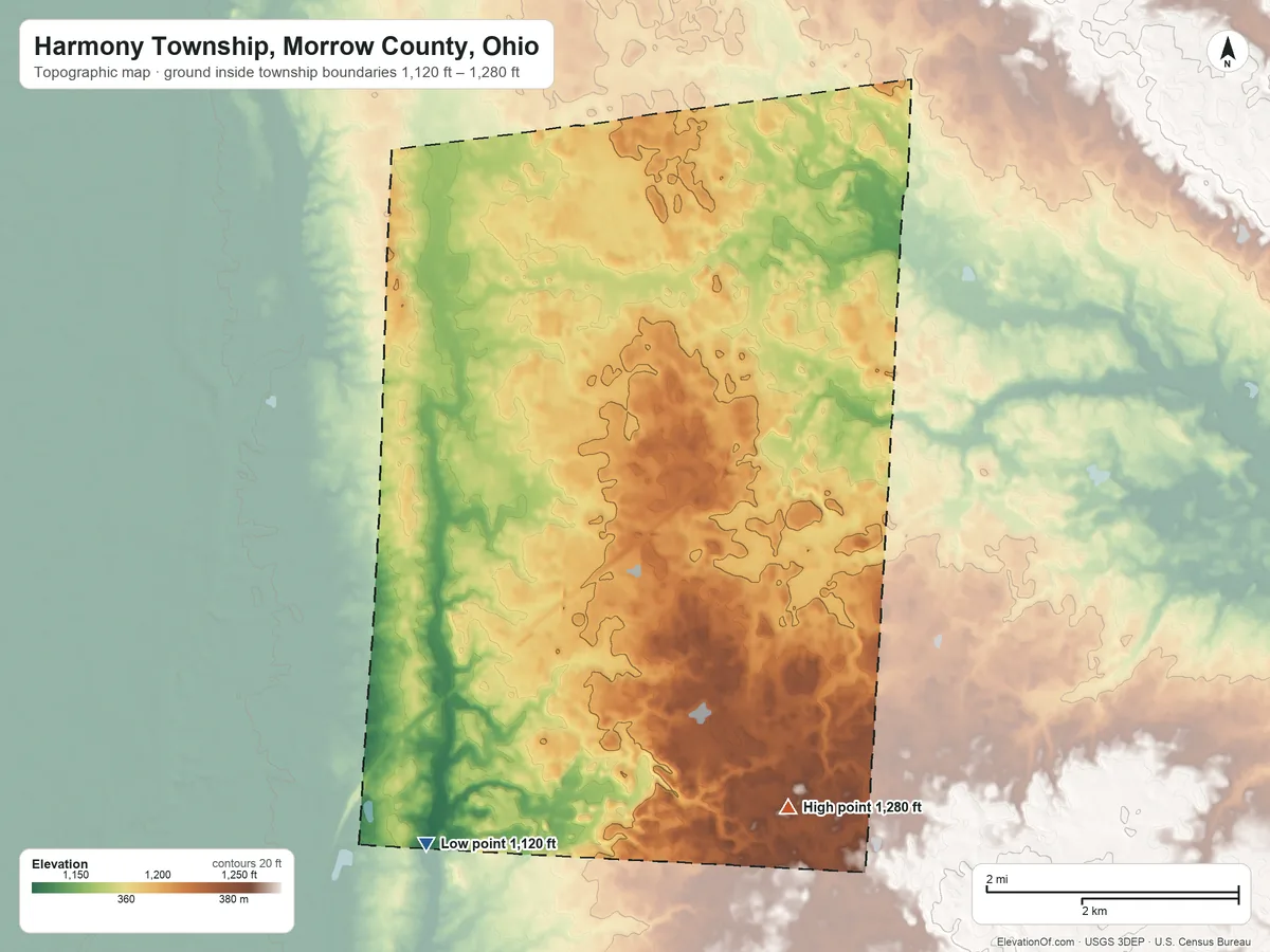 Topographic elevation map of Harmony Township, Morrow County, Ohio, shaded from 1,120 ft on the southwest side to 1,280 ft on the southeast side