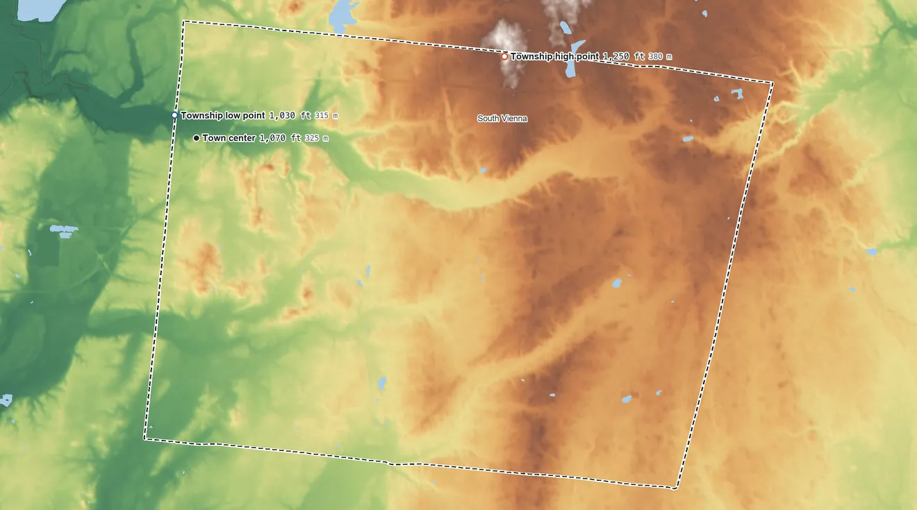 Topographic elevation map of Harmony Township, Ohio, shaded from 1,030 ft near the middle to 1,250 ft on the east side