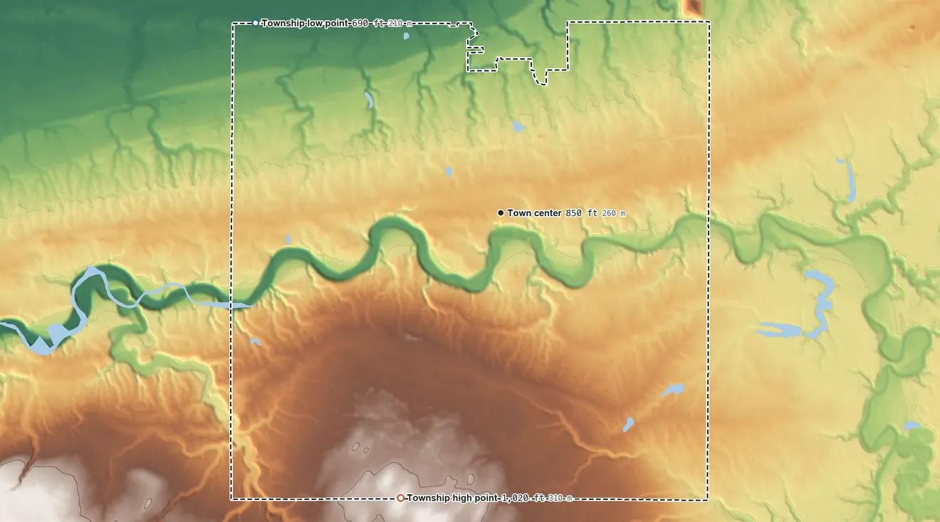 Topographic elevation map of Harpersfield Township, Ohio, shaded from 690 ft on the northwest side to 1,020 ft on the south side