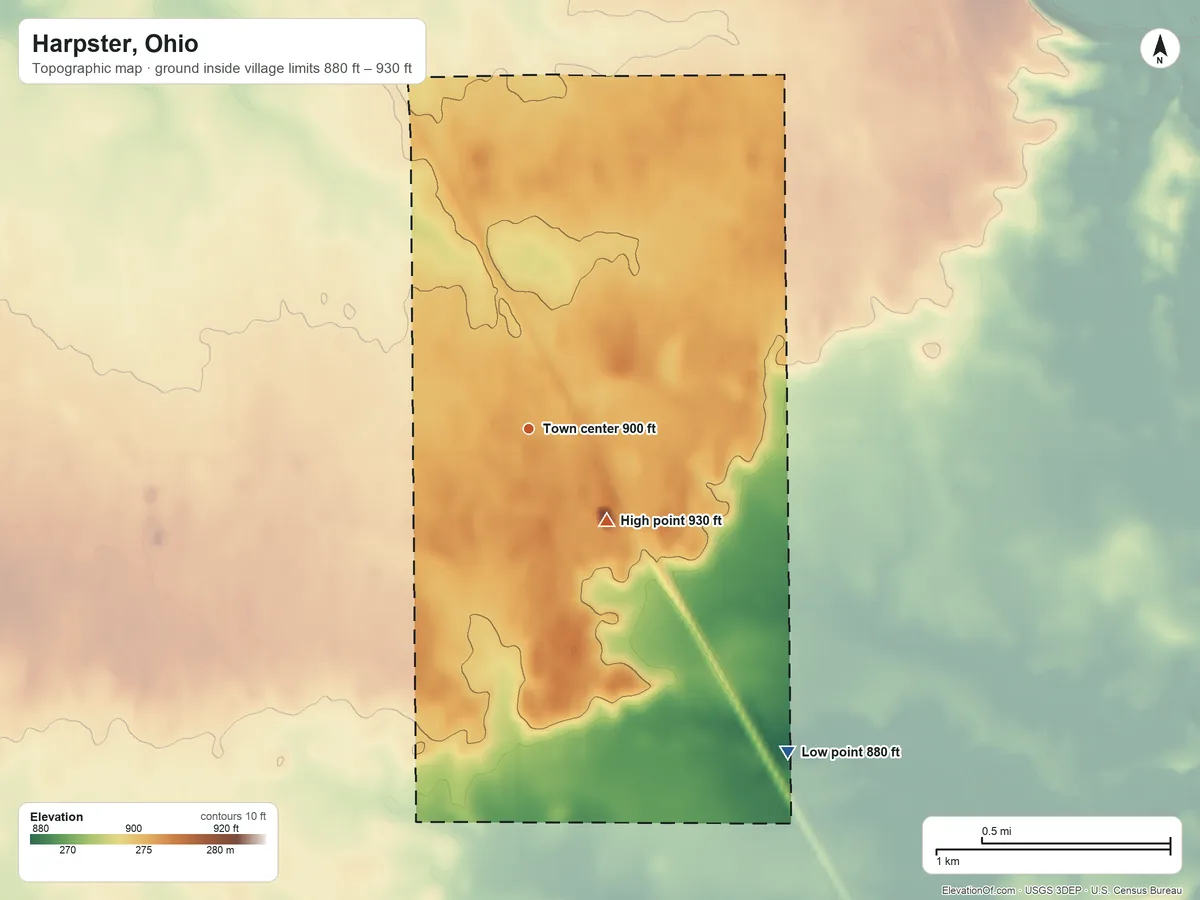 Topographic elevation map of Harpster, Ohio, shaded from 880 ft on the southeast side to 930 ft on the southeast side