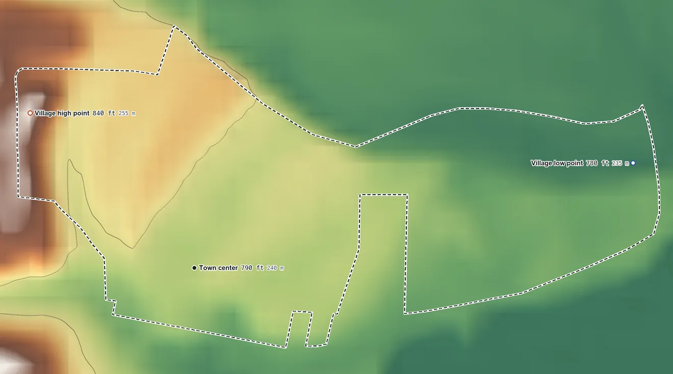 Topographic elevation map of Harrisburg, Ohio, shaded from 780 ft on the east side to 840 ft on the northwest side